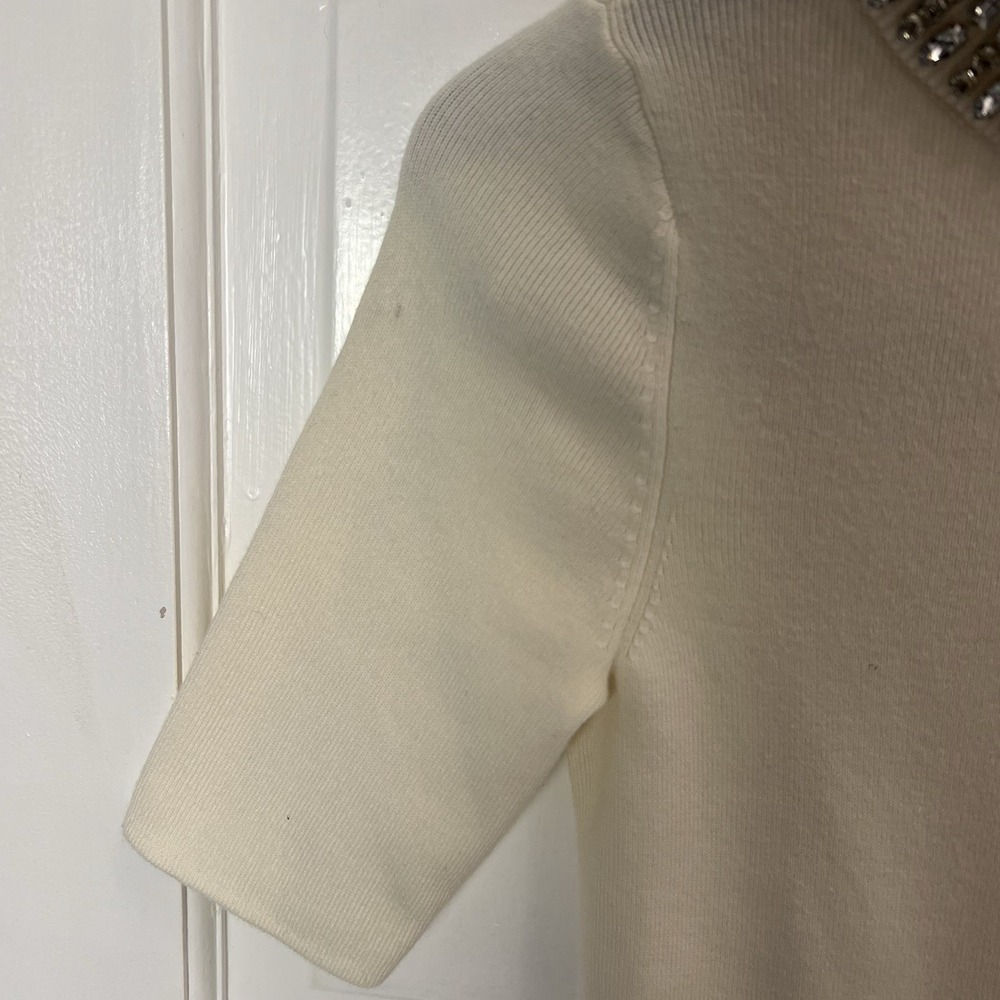 Talbots Jeweled Neckline Short Sleeve Knit Top Rhinestone Glitter Sweater‎ Cream - Picture 7 of 9